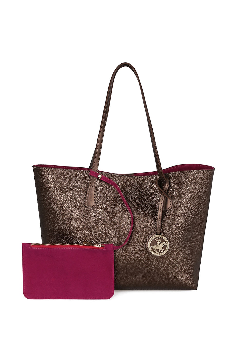 Beverly Hills Polo Club, Geanta shopper de piele ecologica, cu etui interior, Maro/Fucsia