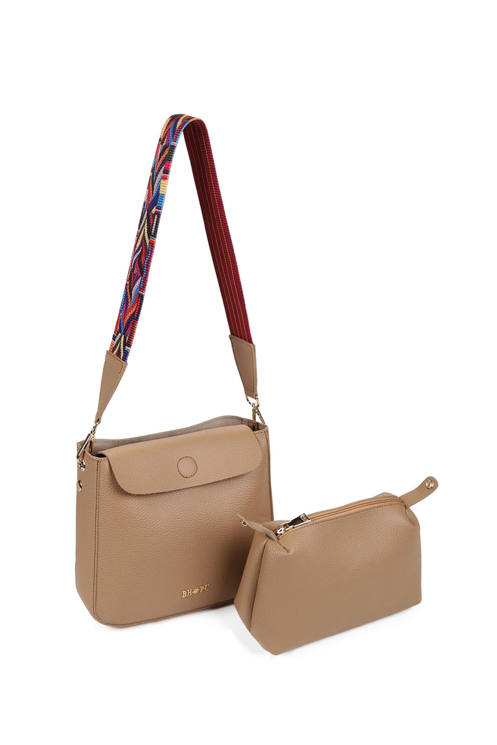 Beverly Hills Polo Club, Geanta de piele ecologica, cu bareta de umar, Maro camel