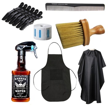 Set ustensile si accesorii frizerie coafor cu pamatuf, pelerina, pulverizator tip sticla Whisky, sort PAUL Set ustensile si accesorii frizerie coafor cu pamatuf, pelerina, pulverizator tip sticla Whisky, sort PAUL
