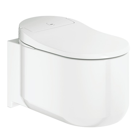 Vas de toaleta Smart Grohe Sensia Arena 39354SH1 cu functie de bideu, suspendat, rimless, 2 brate dus, uscator, ventilator, panou de comanda, App IOS, instant incorporat, strat anti-bacterian si anti-aderent, Alb