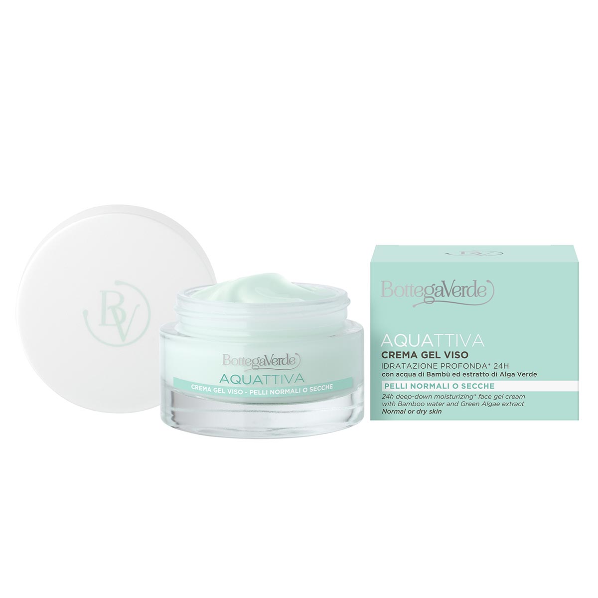 Crema-gel intensiv hidratanta 24h, pentru piele normala si uscata, cu extract de alge verzi si apa de bambus - Aquattiva, 50 ML, Bottega Verde