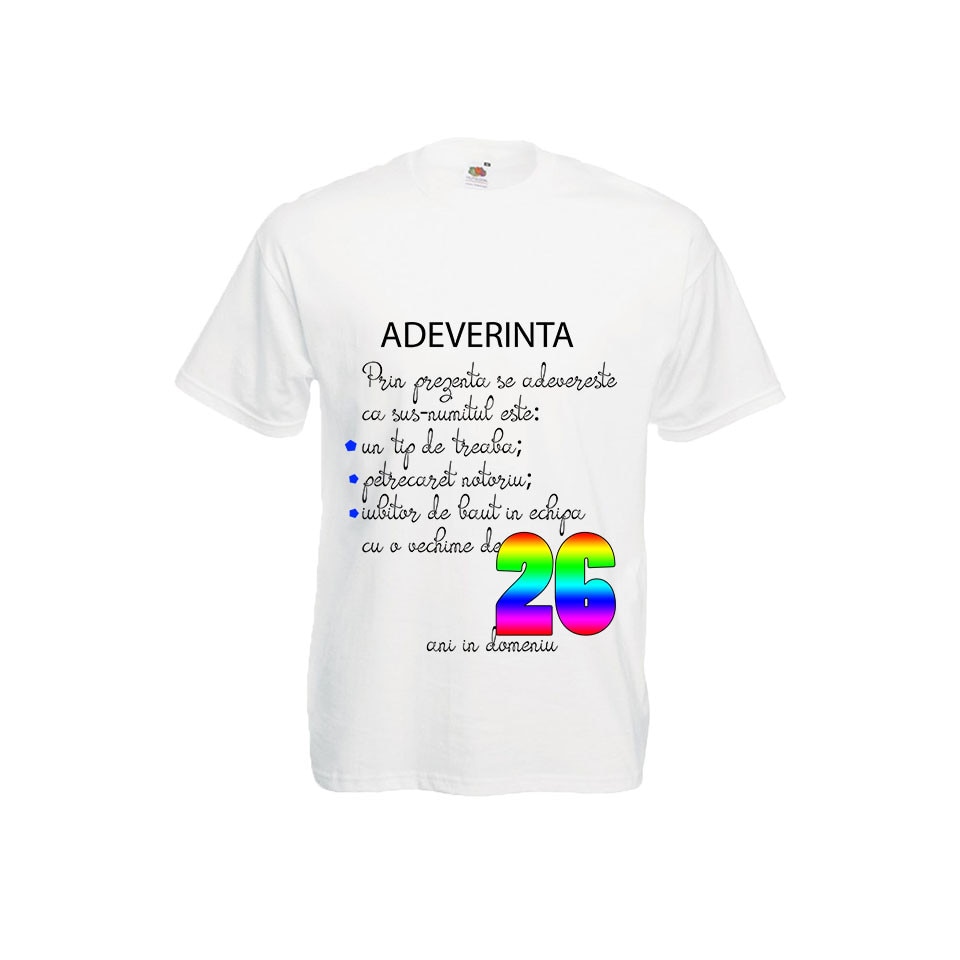 Tricou barbatesc Fruit of the loom haios adeverinta 26 ani aniversare varsta , alb, 2XL