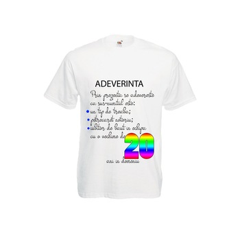 Tricou barbatesc Fruit of the loom personalizat mesaj aniversare varsta 20 ani adeverinta alb, M Tricou barbatesc Fruit of the loom personalizat mesaj aniversare varsta 20 ani adeverinta alb, M