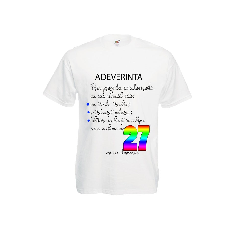 Tricou barbatesc Fruit of the loom personalizat aniversare adeverinta 27 ani alb, L