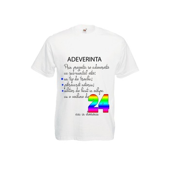 Tricou barbatesc bumbac Fruit of the loom personalizat aniversare mesaj 24 ani adeverinta alb, S Tricou barbatesc bumbac Fruit of the loom personalizat aniversare mesaj 24 ani adeverinta alb, S