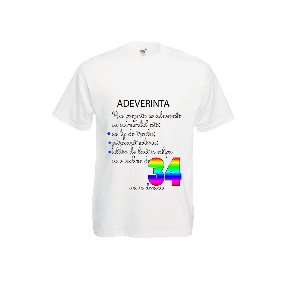 Tricou barbatesc Fruit of the loom aniversar imprimeu Adeverinta 34 ani alb, 2XL