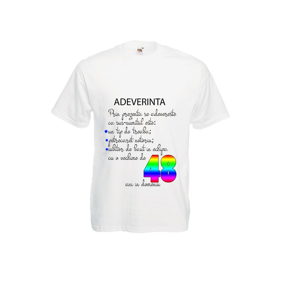 Tricou Fruit of the loom barbatesc fibra naturala imprimeu aniversar Adeverinta 48 ani alb, 2XL