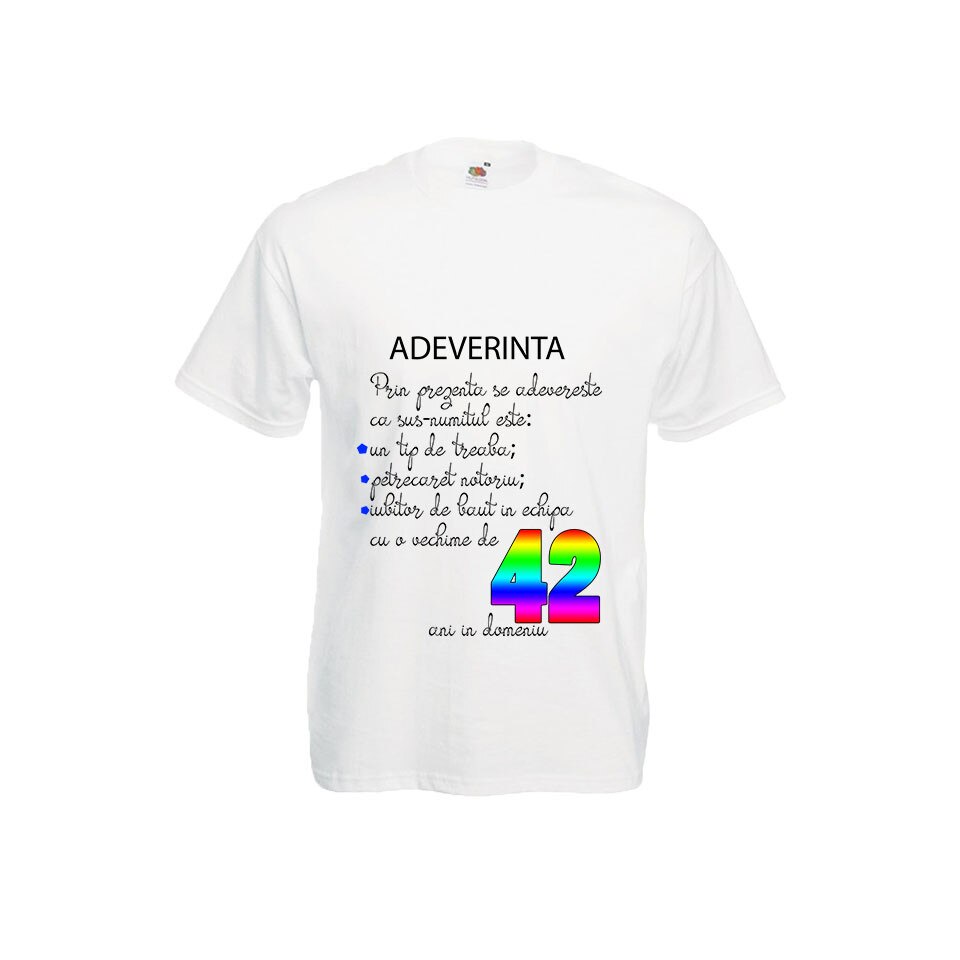 Tricou Fruit of the loom barbatesc fibra naturala imprimat Adeverinta 42 alb, 2XL
