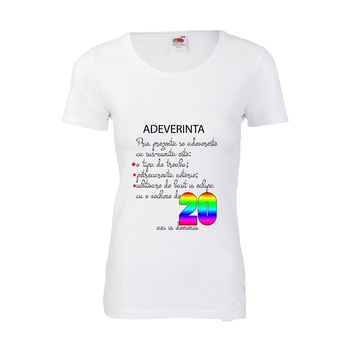 Tricou Fruit of the loom aniversar dama imprimeu Adeverinta 20 ani alb, S Tricou Fruit of the loom aniversar dama imprimeu Adeverinta 20 ani alb, S