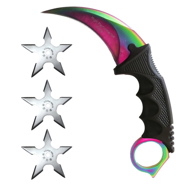 Set-Cutit Briceag Karambit CS:GO, multicolor,fade, plus teaca si snur+3xStea Ninja, aruncat la tinta cu 5 colturi, samurai, silver, husa inclusa