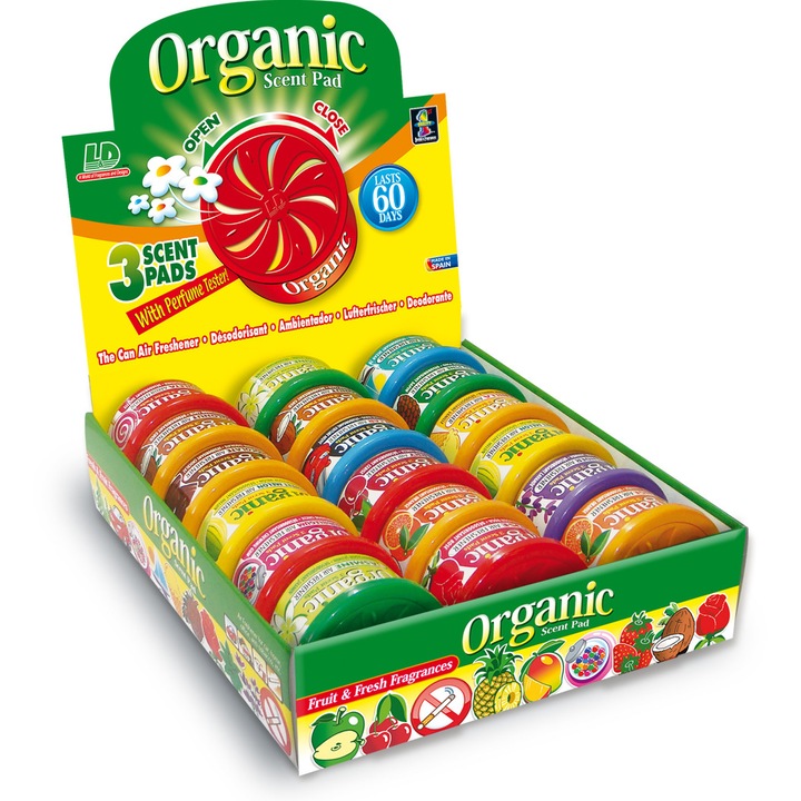 Set 18 unitati, Odorizant auto Organic Can Aroma New Car, Cool Bleak, Ocean, Polar, Malibu Fruits, Cocos