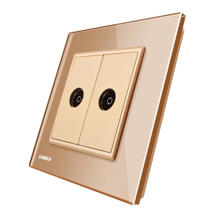 Priza dubla TV Livolo cu rama din sticla auriu, VL-C792V-13