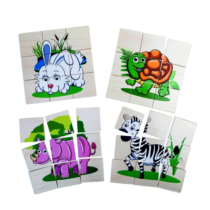 Alibeibei Fa puzzle készlet, 9 db, Állatokkal, 4 db