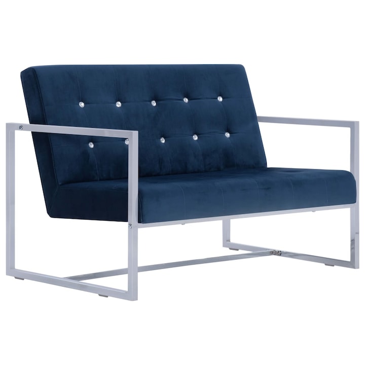 Двуместен диван с подлакътници vidaXL, тапицерия от синьо кадифе, 114х78х81 см, крака от хром
