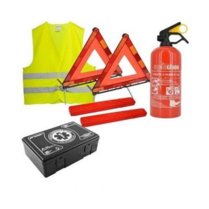 Пълен автомобилен комплект NOVATIM, пожарогасител, медицински комплект, триъгълник, светлоотразителна жилетка + чанта