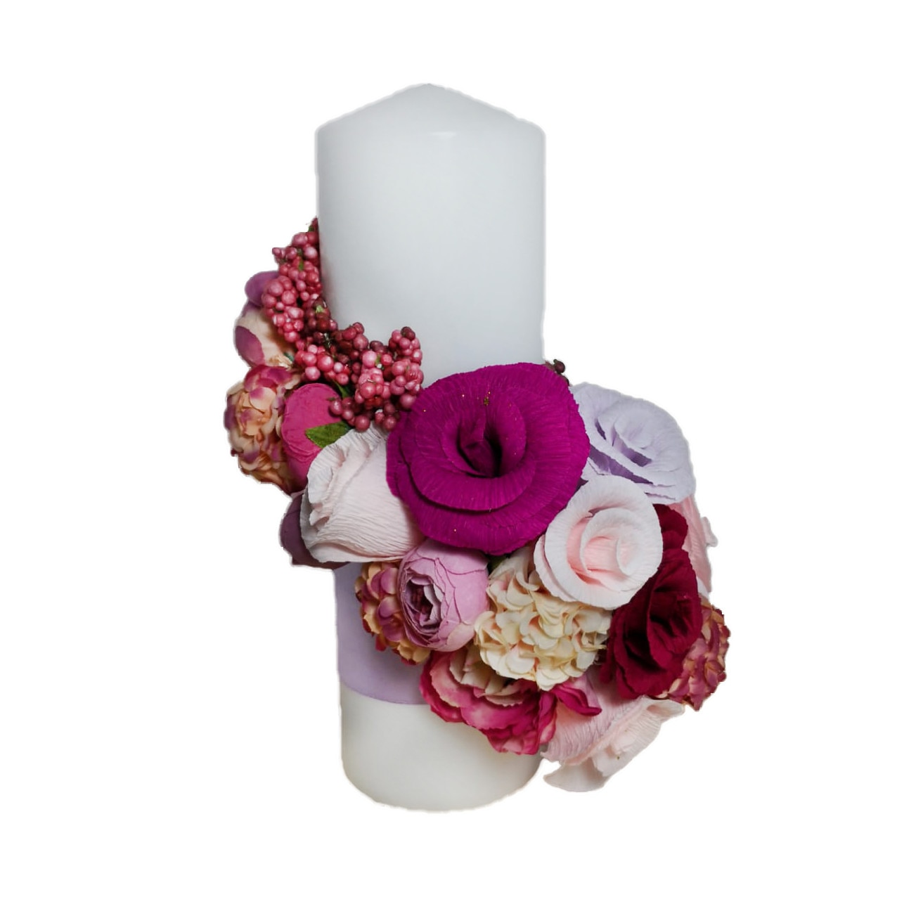 Lumanare botez cu aranjanjament din flori de hartie, handmade Mady's Craft [MDC-LB-015]