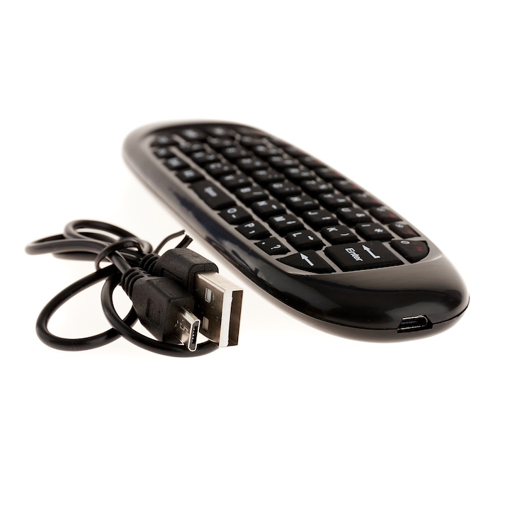 Universal Mini távirányító, Air-Mouse és vezeték nélküli billentyűzet, hangvezérlés, Fekete
