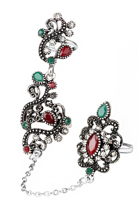 Inel vintage dublu, cu lantisor fatetat, model turcesc spiralat cu cristale si hematite, Argintiu, Cristale colorate