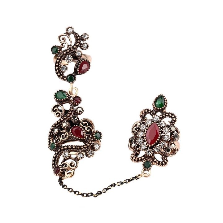 Inel vintage dublu, cu lantisor fatetat, model turcesc spiralat cu cristale si hematite, Auriu, Cristale colorate