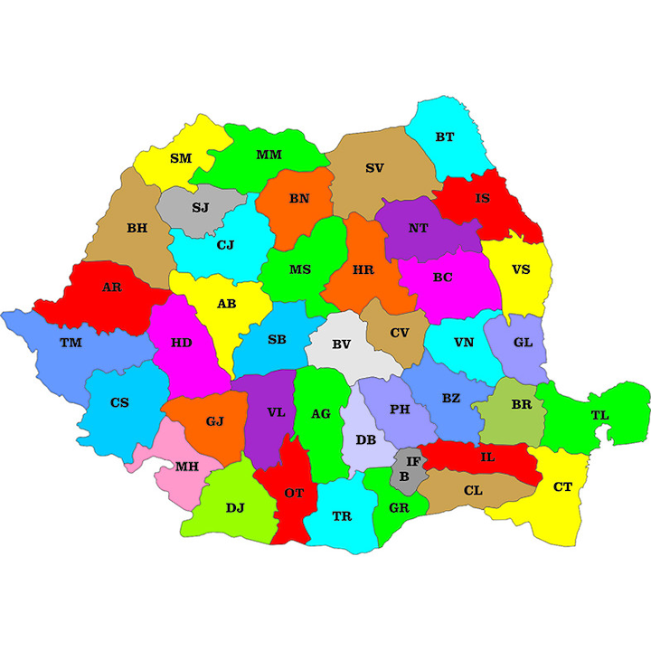 Románia térkép megyékkel és megyei lakhelyekkel, mágnesfólián, puzzle típusú, 58 x 41 cm