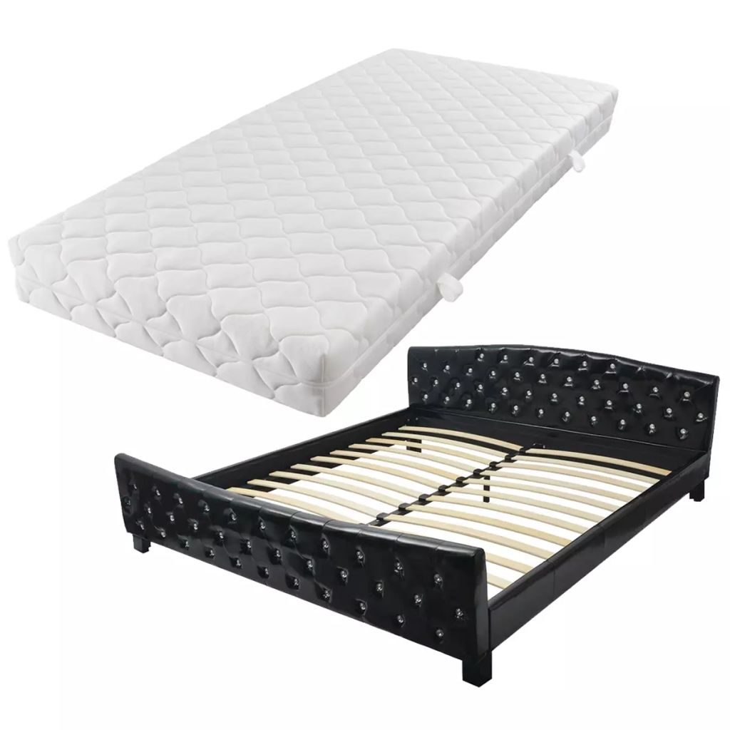 Set pat dublu cu saltea, vidaXL, Piele artificiala cu butoni decorativi, 180 x 200 cm, Negru