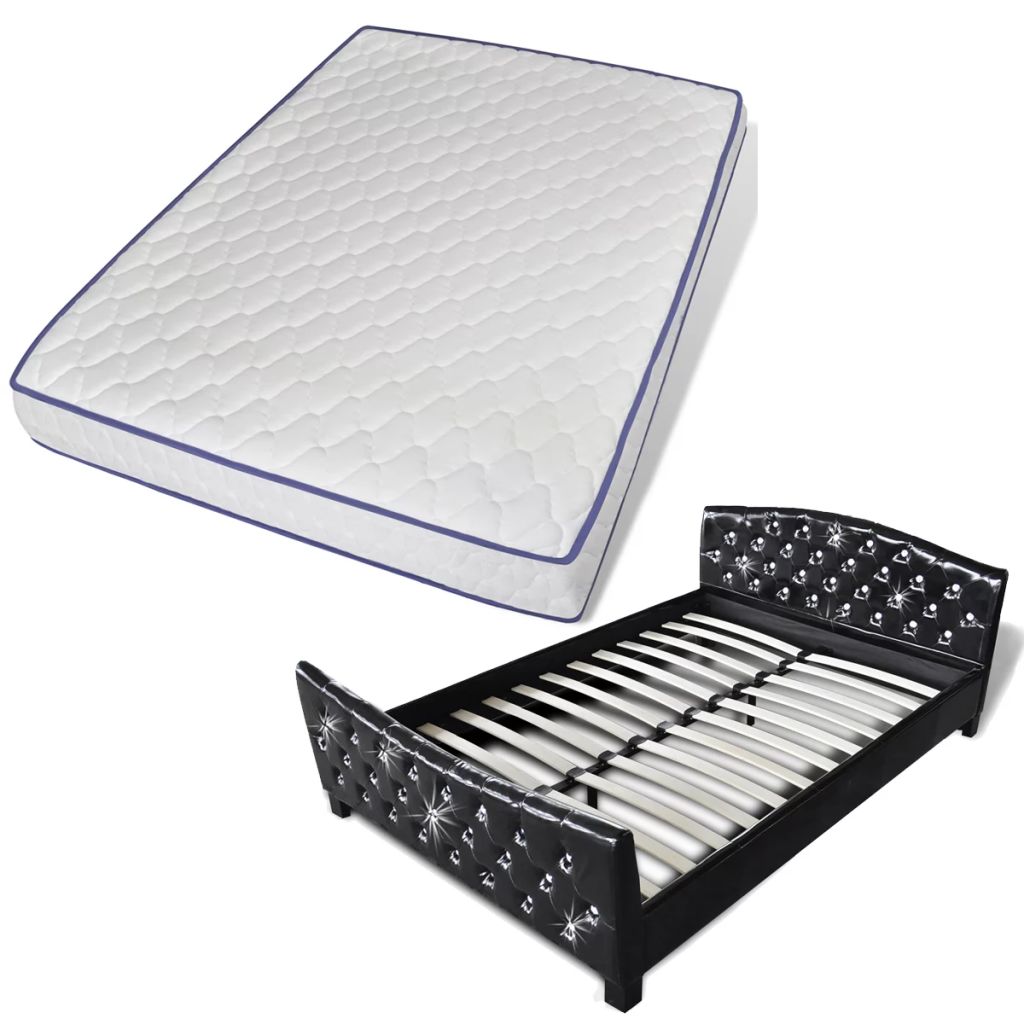 Set pat dublu cu saltea memorie, vidaXL, Piele artificiala cu butoni decorativi, 140 x 200 cm, Negru