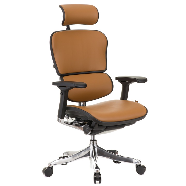 QMOBILI Ergohuman v2 Plus Elite HI szék, világosbarna valódi bőr, 2D fejtámla, deréktámasz, 4D állítható karok, fordítható ülés