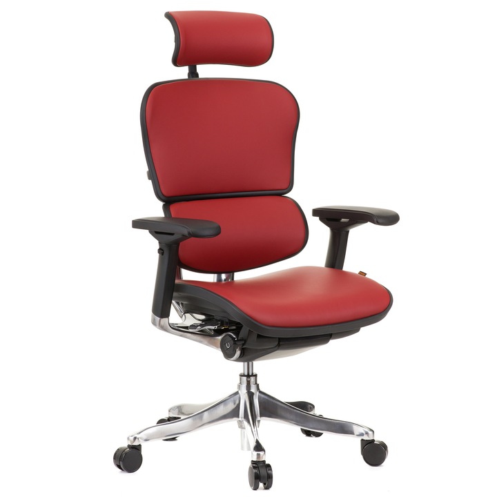QMOBILI Ergohuman v2 Plus Elite HI szék, valódi bőr piros, 2D fejtámla, deréktámasz, 4D állítható karok, fordítható ülés