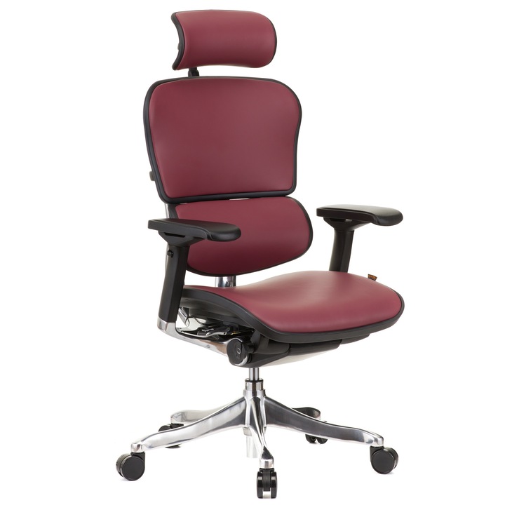 QMOBILI Ergohuman v2 Plus Elite HI Szék, valódi bordó bőr, 2D fejtámla, deréktámasz, 4D állítható karok, fordítható ülés