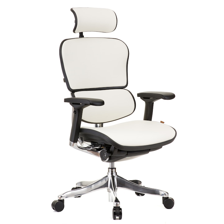 Scaun QMOBILI Ergohuman v2 Plus Elite HI, piele genuine Alb, tetiera 2D, suport lombar, brate reglabile 4D, sezut translabil