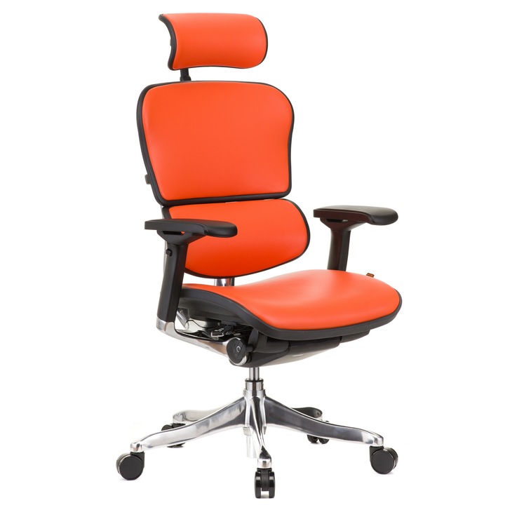 QMOBILI Ergohuman v2 Plus Elite HI szék, narancssárga valódi bőr, 2D fejtámla, deréktámasz, 4D állítható karok, fordítható ülés