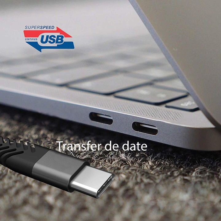 EVTrend Premium Töltő- és adatátviteli kábel, 2 m hosszú, USB-C, gyors töltés, Android telefonhoz / táblagéphez vagy laptophoz, USB-C csatlakozó, szürke