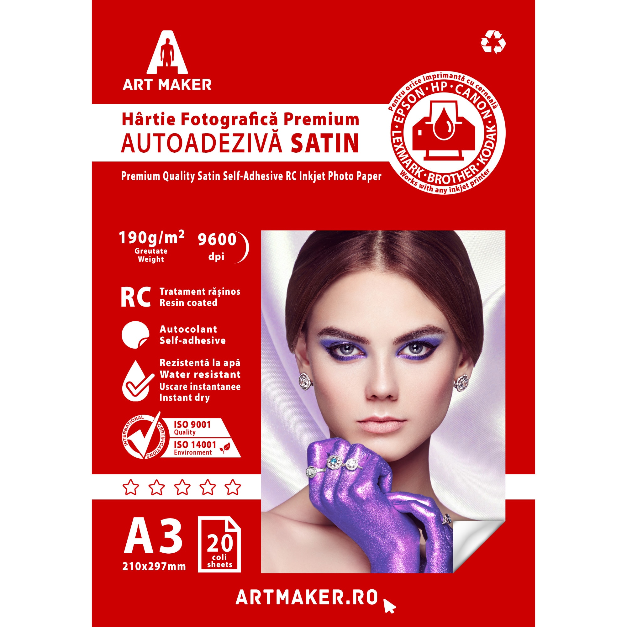Hartie foto Art Maker autoadeziva Satin, Premium, 190g/mp, rc, A3, 20 coli