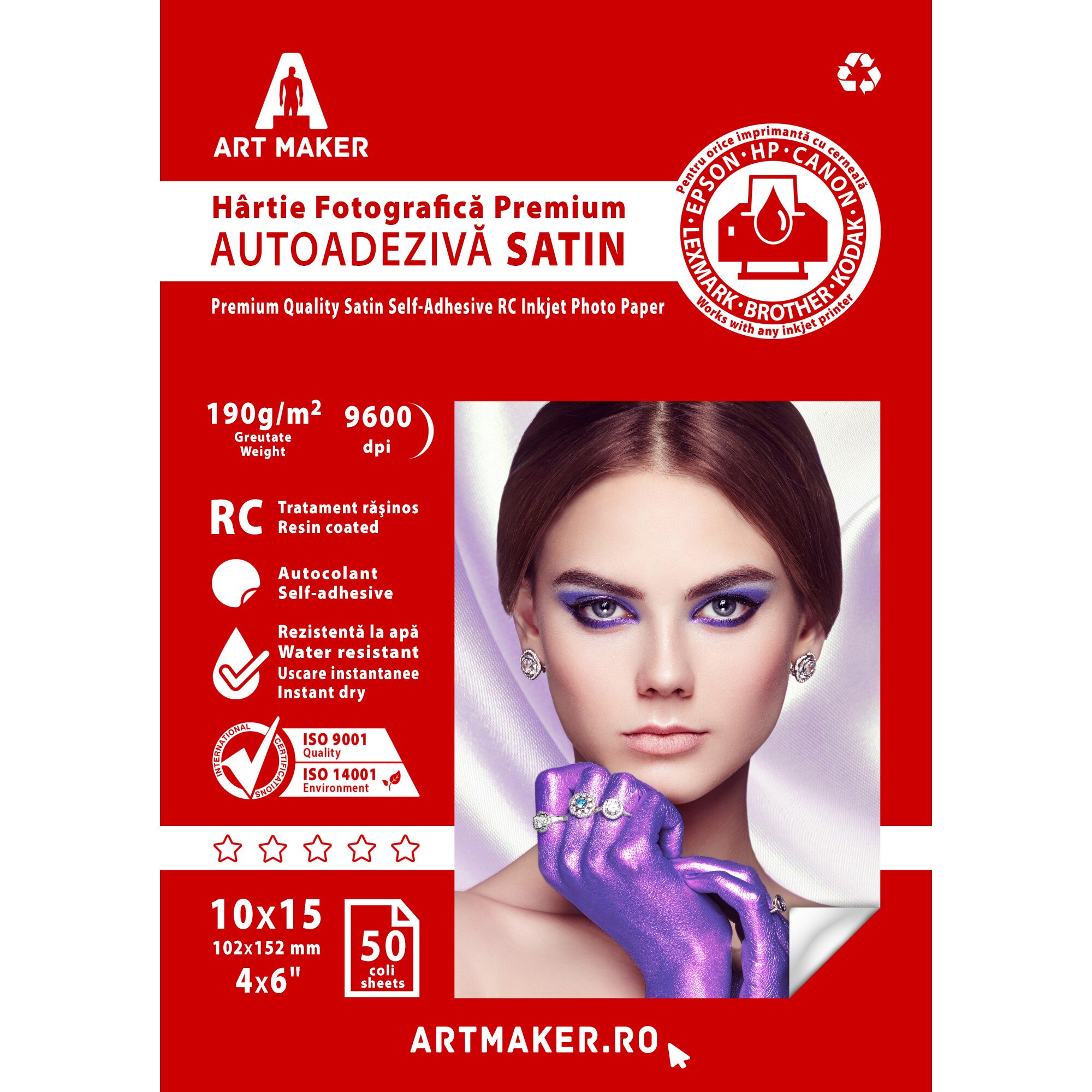 Hartie foto Art Maker autoadeziva Satin, Premium, 190g/mp, rc, 10×15 cm, 50 coli