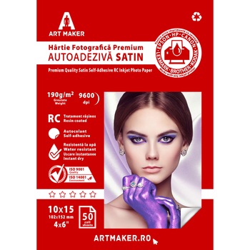 Hartie foto Art Maker autoadeziva Satin, Premium, 190g/mp, rc, 10×15 cm, 50 coli Hartie foto Art Maker autoadeziva Satin, Premium, 190g/mp, rc, 10×15 cm, 50 coli