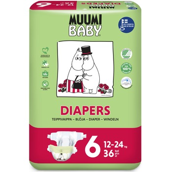 Scutece finlandeze eco, tip deschis, Muumi Baby 6 Maxi, 12 - 24 kg, 36 bucati Scutece finlandeze eco, tip deschis, Muumi Baby 6 Maxi, 12 - 24 kg, 36 bucati