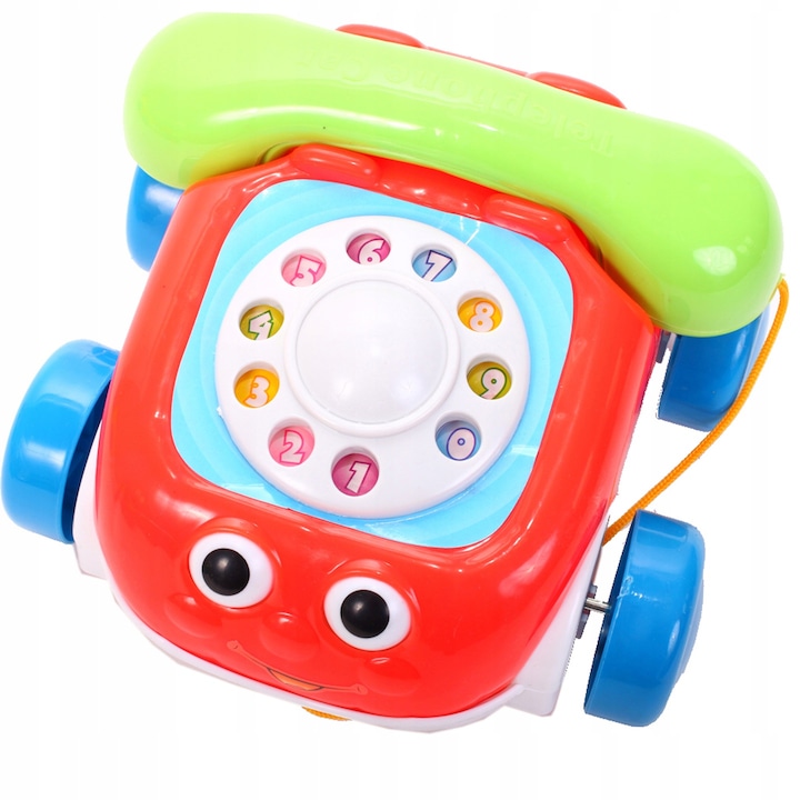 IdealStore Merry Kisd Phone interaktív telefon gyerekeknek, méretek 19 x 18 x 12 cm, kerekekkel és kötéllel szerelve, ideális sétákhoz, vidám és színes játékra hívja a gyerekeket