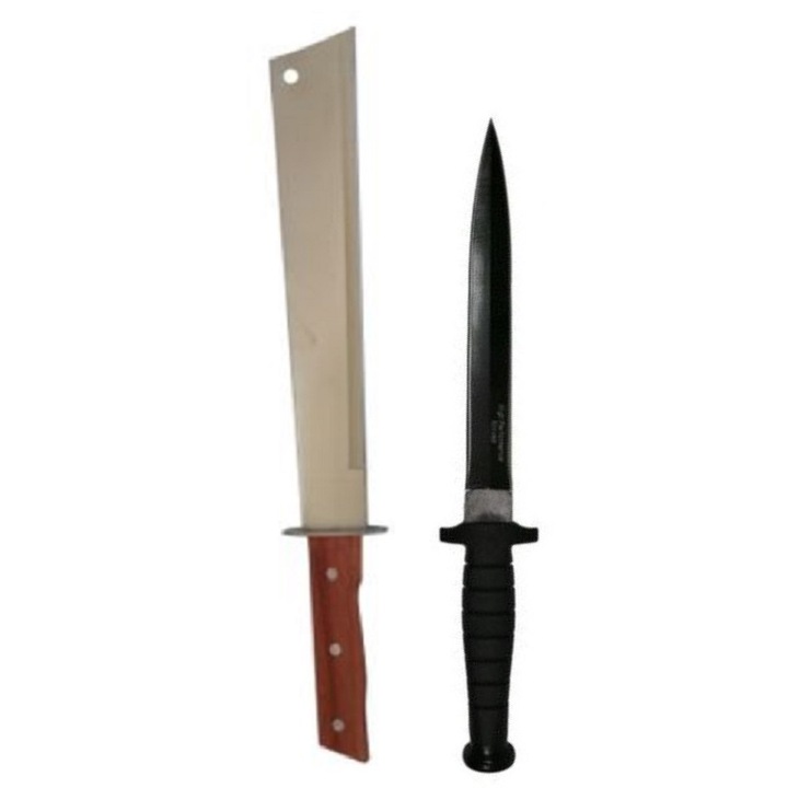 Pachet format din Maceta 480 mm, maner lemn si Cutit tip Baioneta cu 2 taisuri 35 cm BRT-057