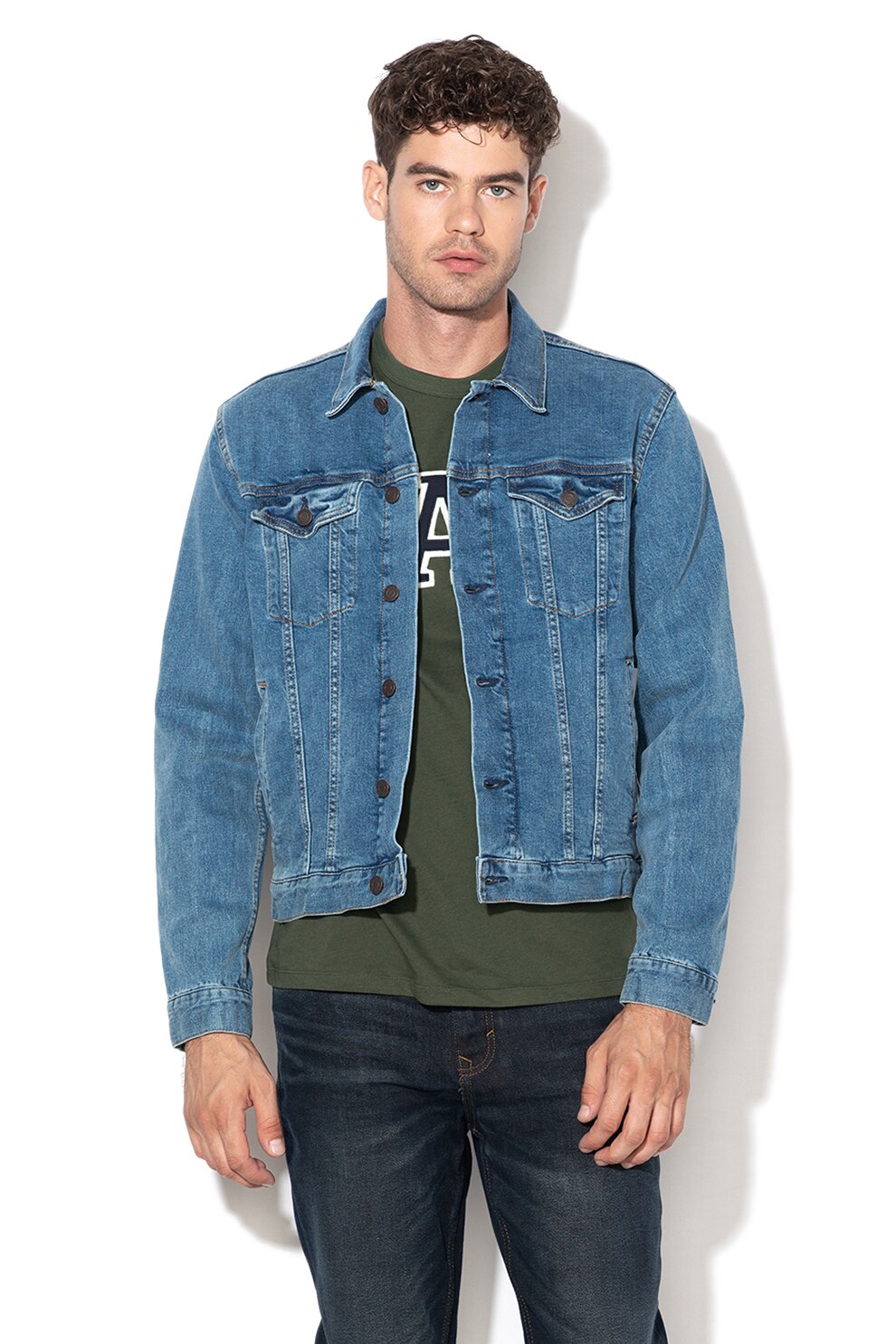 GAP, Jacheta din denim, cu nasturi si buzunare, Bleu