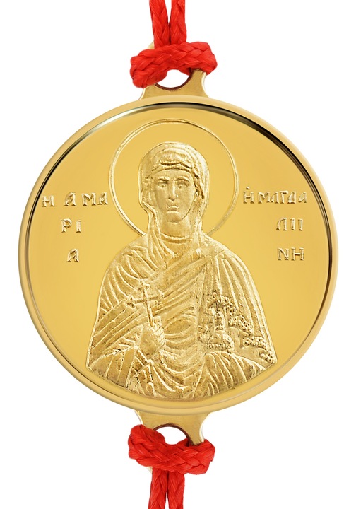Piros zsinór karkötő 18 karátos sárga arany érmével Szent Mária Magdolna 16 mm, ~2 g., 0.06 oz
