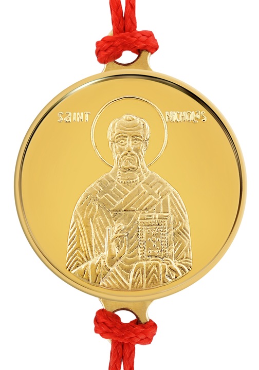 Piros zsinór karkötő 18 karátos sárga arany érmével Szent Miklós 16 mm, ~2 g., 0.06 oz