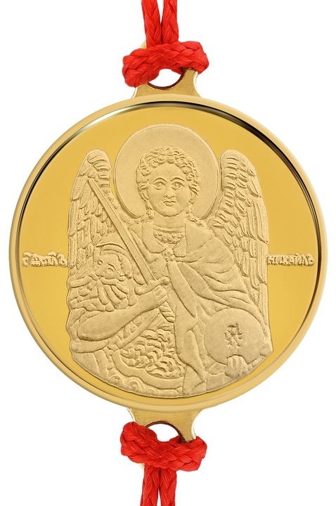 Piros zsinór karkötő 18 karátos sárga arany érmével Mihály arkangyal 16 mm, ~2 g., 0.06 oz