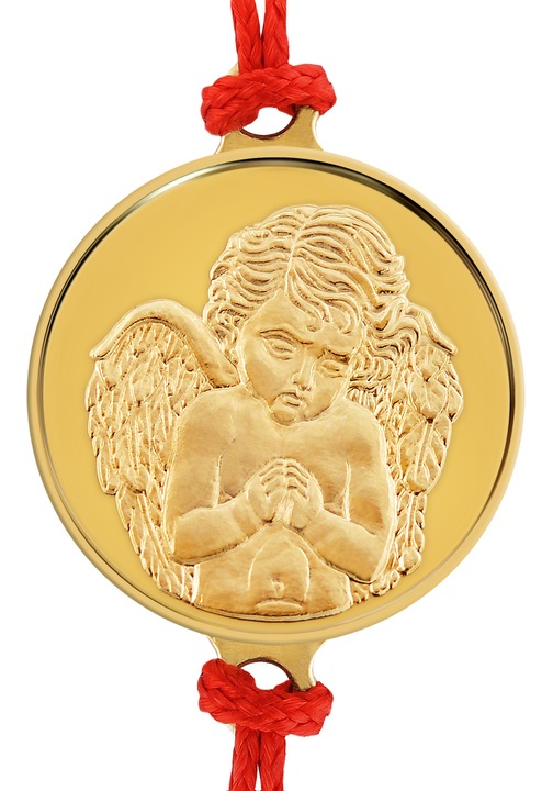 Piros zsinór karkötő 18 karátos sárga arany érmével a Mennyei angyal 16 mm, ~2 g., 0.06 oz