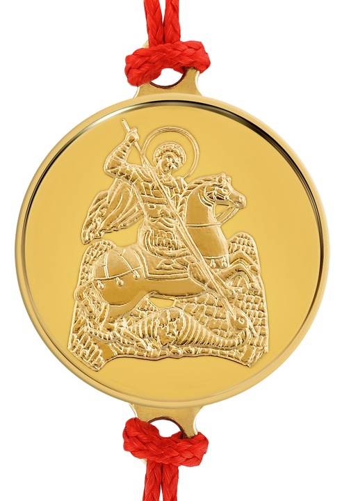 Piros zsinór karkötő18 karátos sárga arany érmével Szent György 16 mm, ~2 g., 0.06 oz