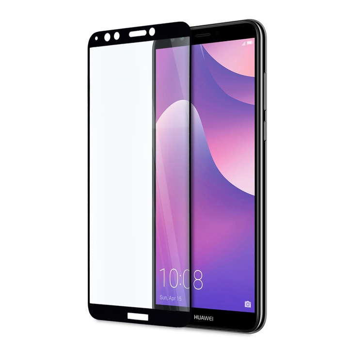 Стъклен протектор Full Glue за Huawei Y7 (2018), Tempered Glass, Цялостно покритие и залепване, Черен