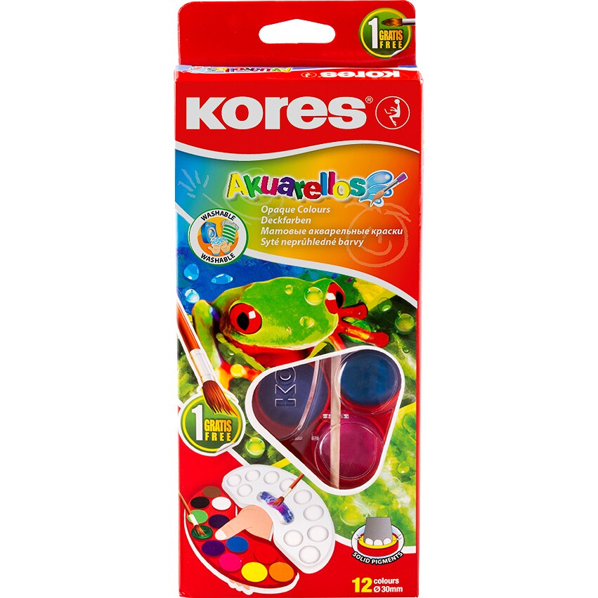 Acuarele Kores Akuarellos cu pensula, 30 mm, 12 culori/set