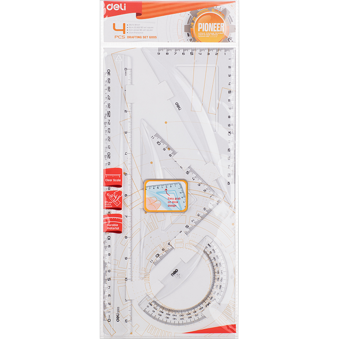 Set geometrie Deli Flexibil EG00512, 4 piese, transparent