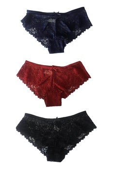 Set 3 perechi chiloti dama cu dantela, Rosu/Albastru inchis/Negru Set 3 perechi chiloti dama cu dantela, Rosu/Albastru inchis/Negru