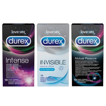 Set Prezervative Durex Intense Orgasmic 10 bucati, Invisible Extra Sensitive 10 bucati, Mutual Pleasure 10 bucati Set Prezervative Durex Intense Orgasmic 10 bucati, Invisible Extra Sensitive 10 bucati, Mutual Pleasure 10 bucati