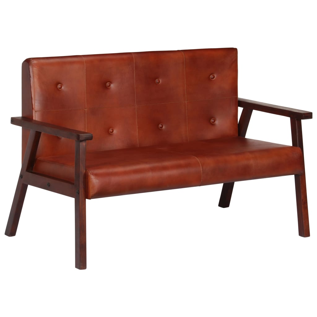 Canapea cu 2 locuri, vidaXL, tapiterie piele naturala si cadru lemn, Maro, 111 x 61 x 73 cm